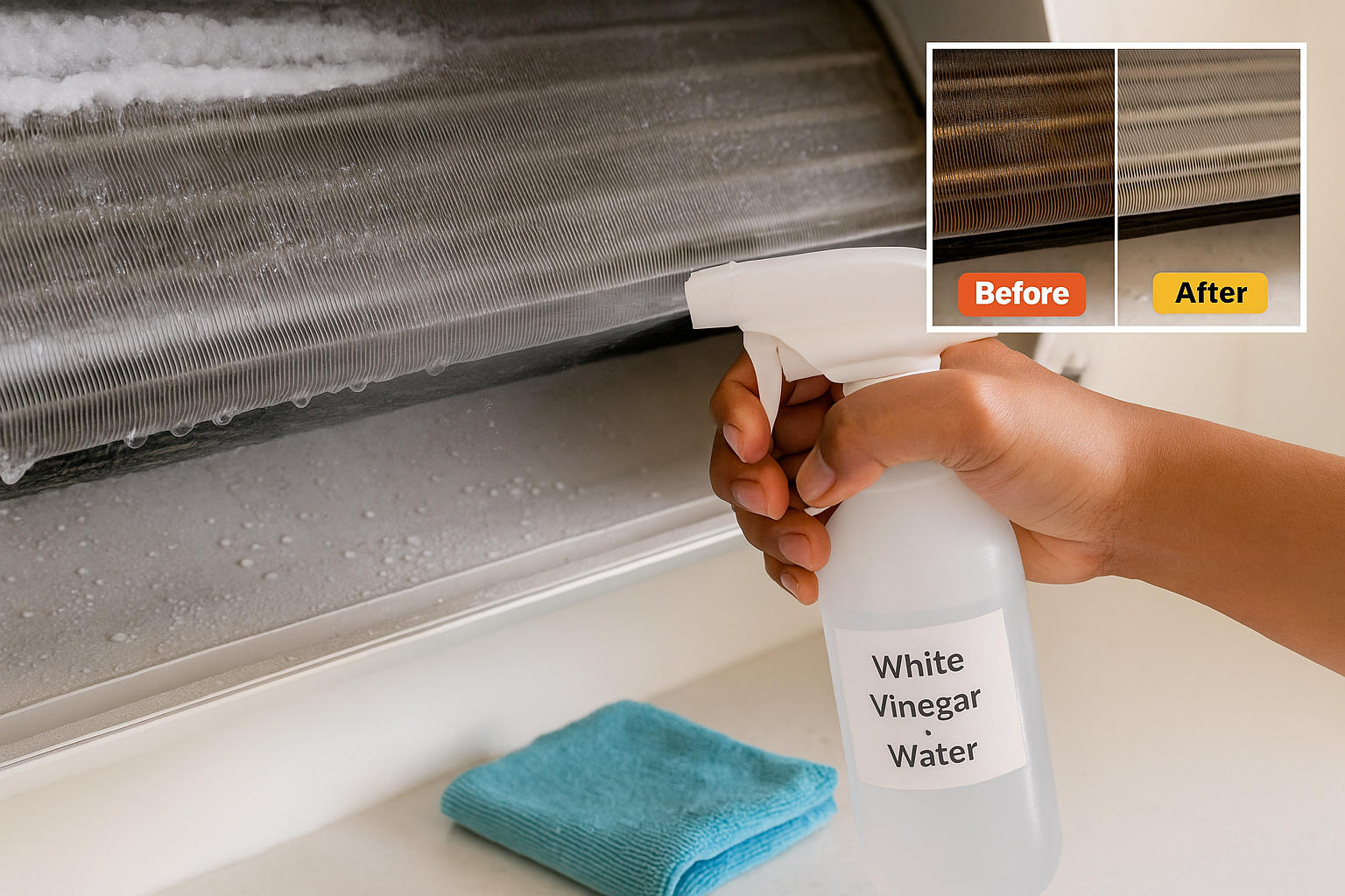 Hand spraying white vinegar solution on AC evaporator coils to clean calcium deposits and prevent freezing