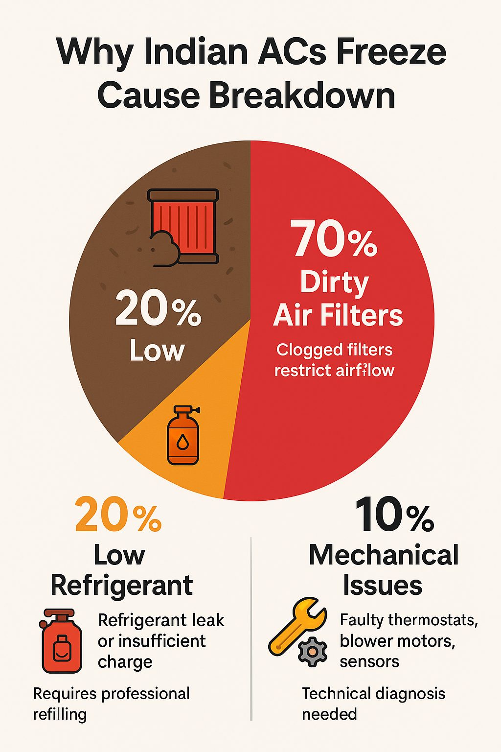 Pie chart infographic showing why Indian ACs freeze: 70% dirty air filters, 20% low refrigerant, 10% mechanical issues