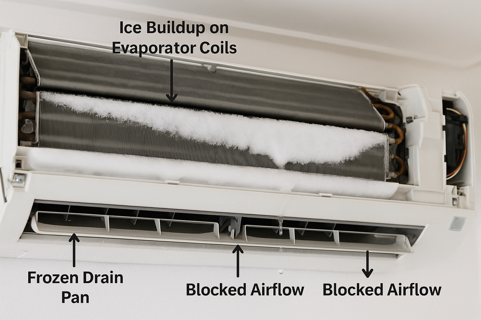 Frozen split air conditioner evaporator coil with heavy ice buildup on indoor unit showing blocked airflow and frozen drain pan in Indian home