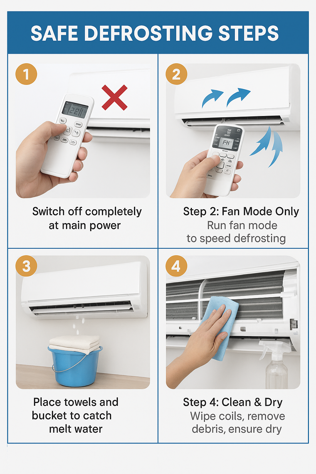 Safe AC defrosting steps showing 4 panels: turn off power, run fan mode, place towels to catch water, and clean dry coils