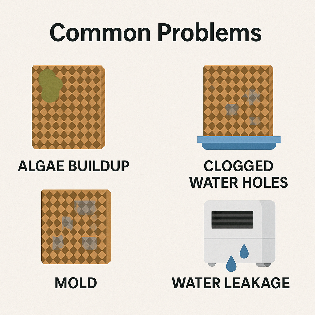 Common air cooler problems: dirty pads, pump issues, water distribution - visual diagnostic guide