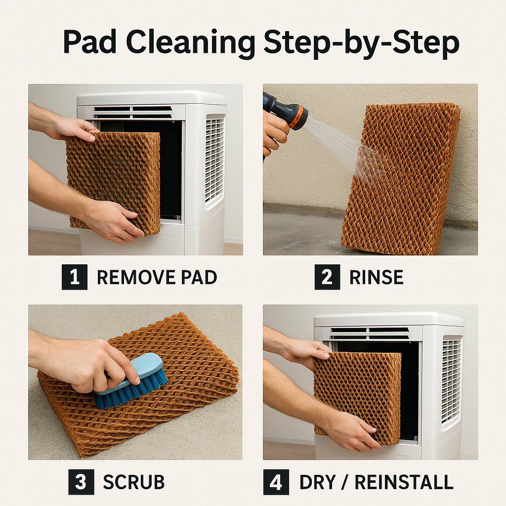 Step-by-step air cooler pad cleaning guide - remove, soak, scrub, rinse, dry process