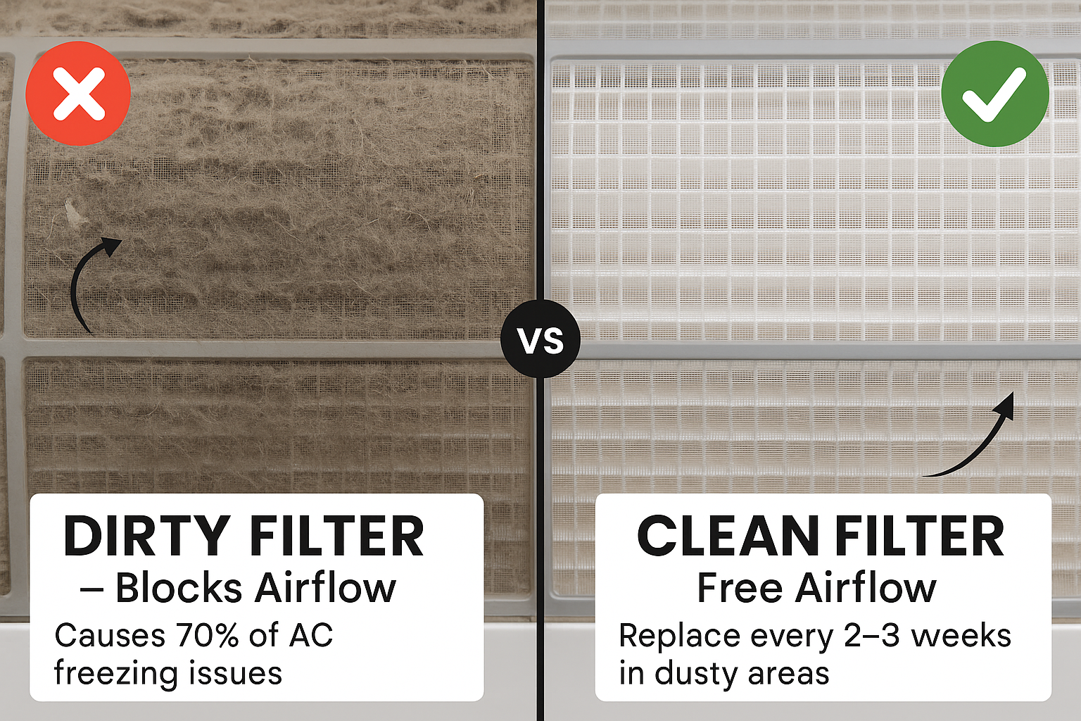 Side-by-side comparison of dirty clogged AC filter blocking airflow versus clean filter with free airflow for Indian homes