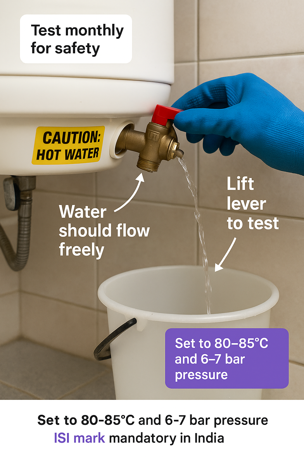 Geyser pressure relief valve inspection and testing for proper operation and safety compliance