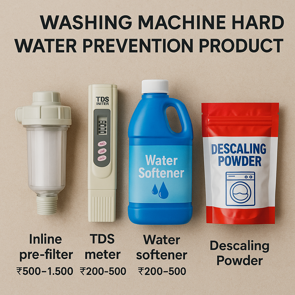 Product showcase of hard water prevention solutions including inline pre-filter, TDS meter, water softener, and descaling powder with price labels in Indian rupees