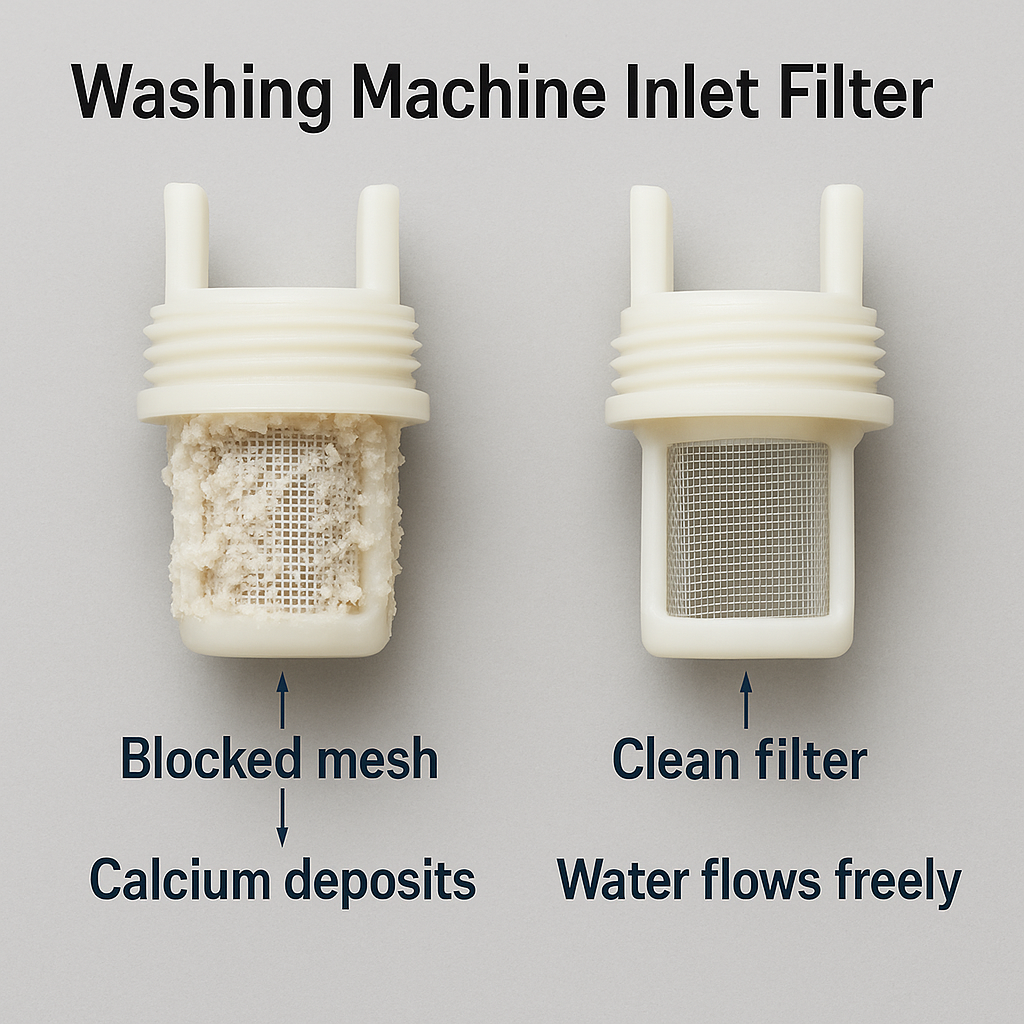 Side-by-side comparison of clogged washing machine inlet filter with white calcium deposits versus clean filter showing clear mesh