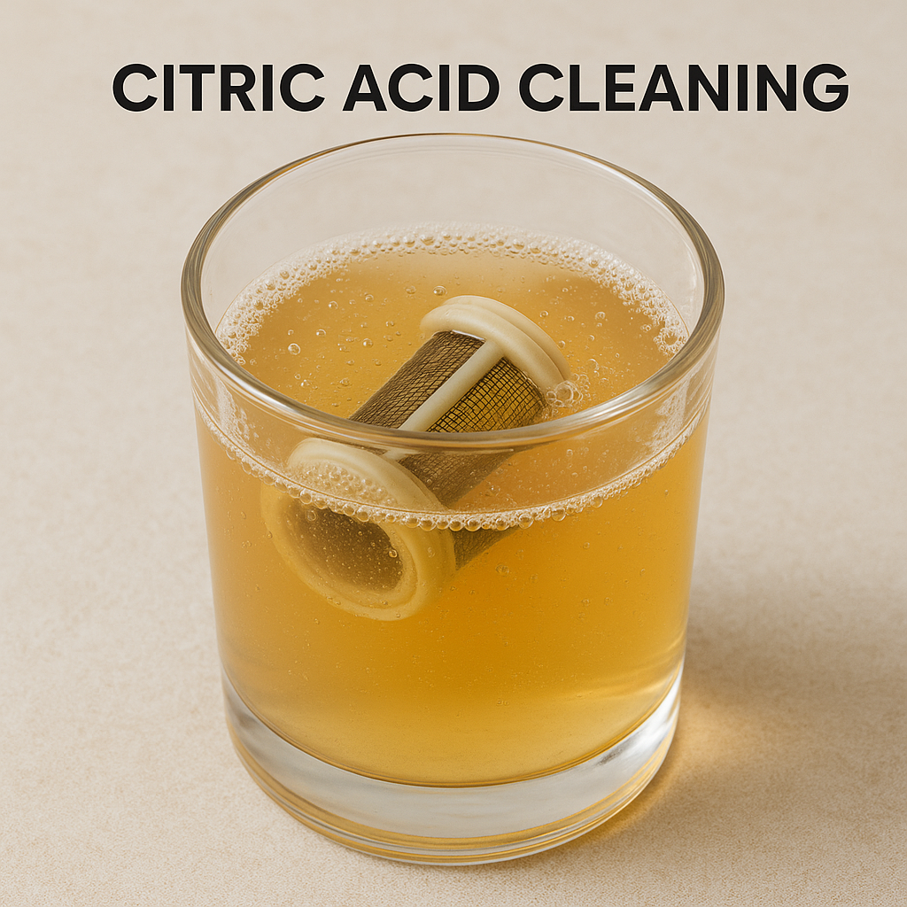 Glass container with citric acid solution and washing machine filter soaking for hard water deposit removal