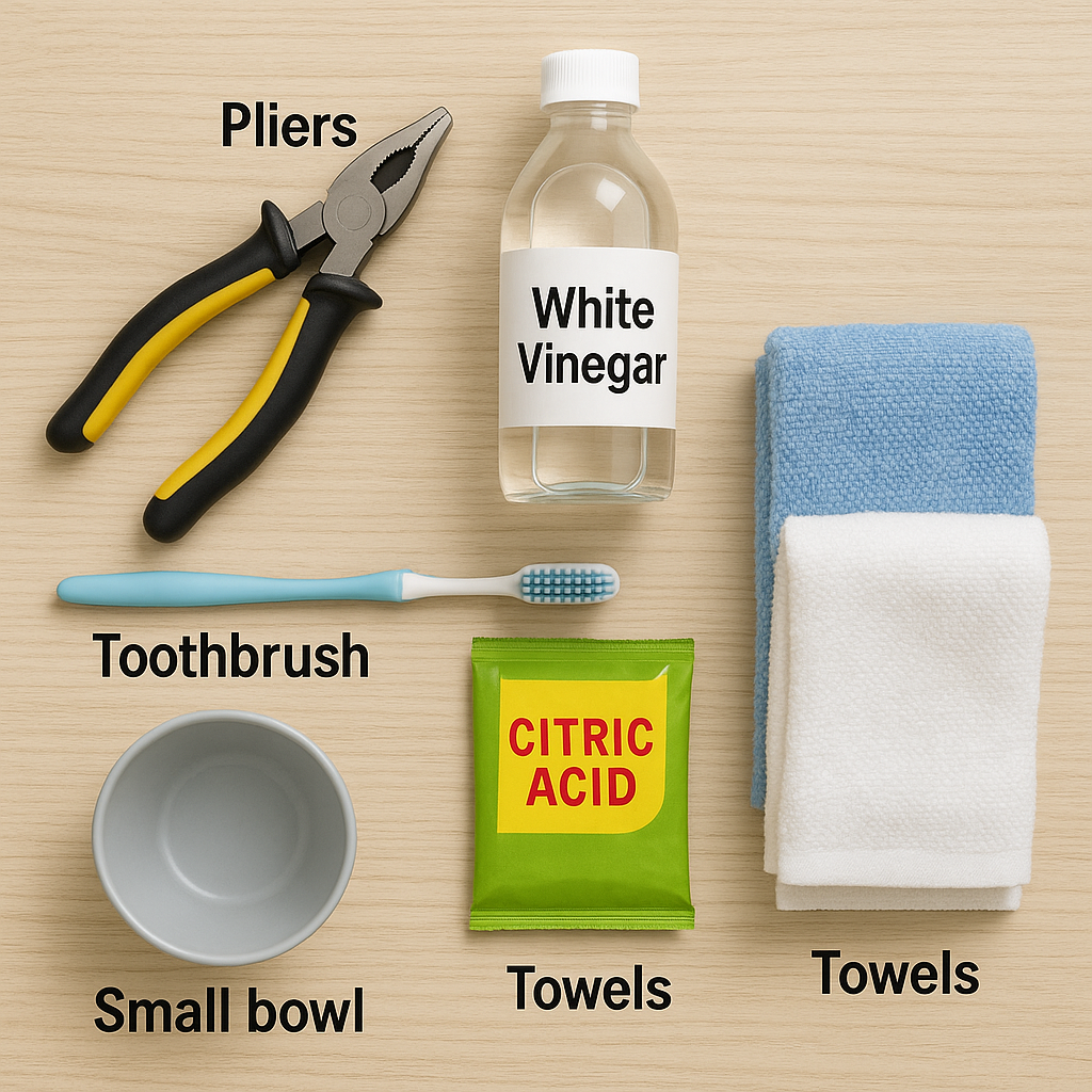 Flat lay of washing machine inlet filter cleaning tools including pliers, toothbrush, white vinegar bottle, citric acid packet, small bowl, and towels