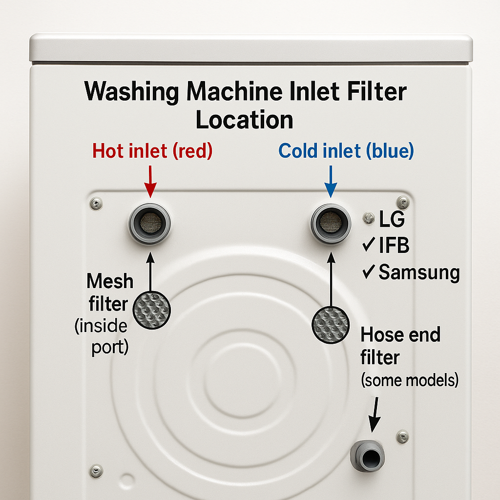 Annotated washing machine back panel diagram showing inlet filter locations for different brands like LG, IFB, and Samsung with arrows pointing to hot and cold water inlet connections