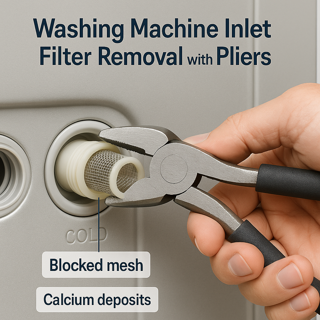 Close-up photograph of hand using pliers to carefully extract mesh filter from washing machine inlet valve port