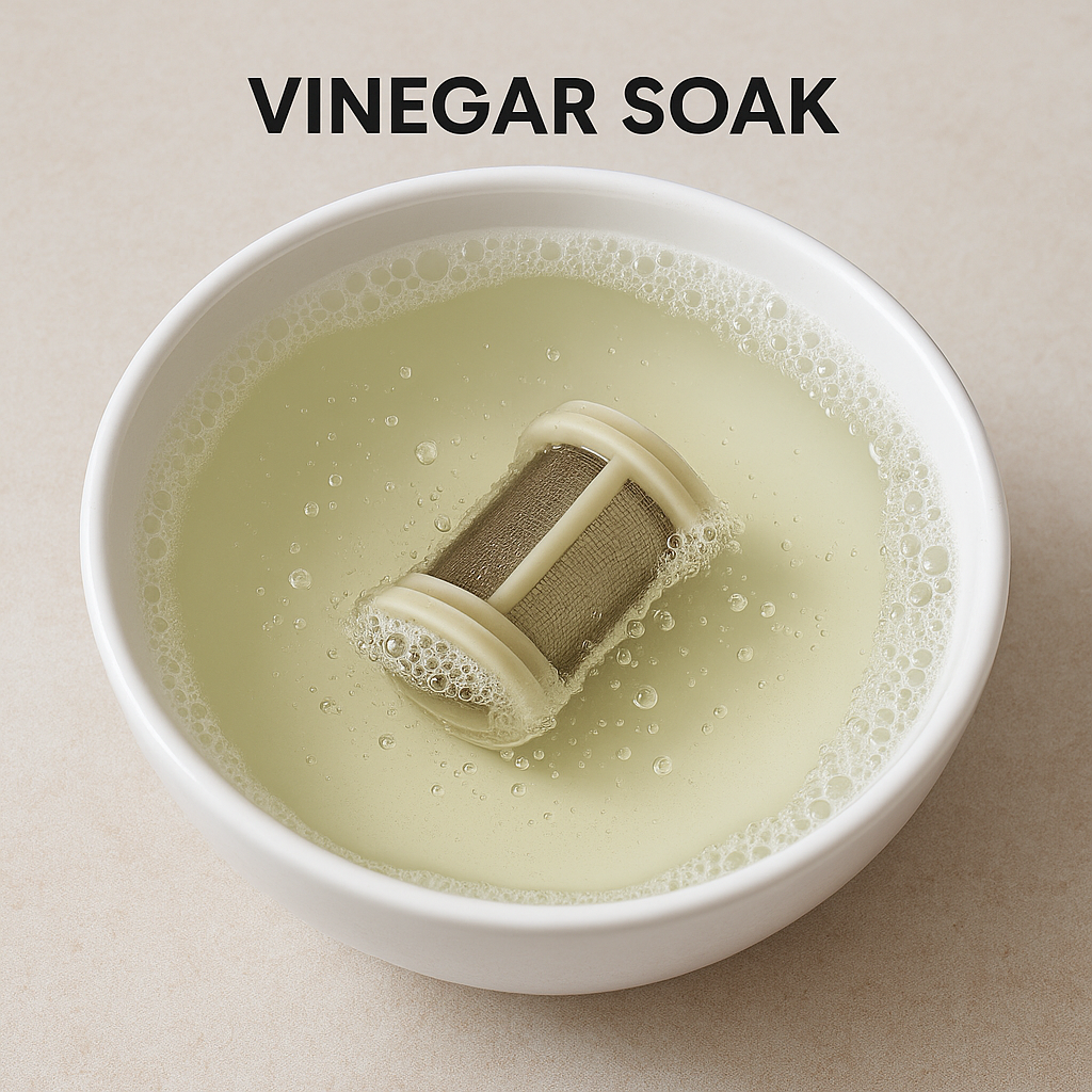 Washing machine inlet filter soaking in bowl of white vinegar with bubbles visible dissolving calcium deposits