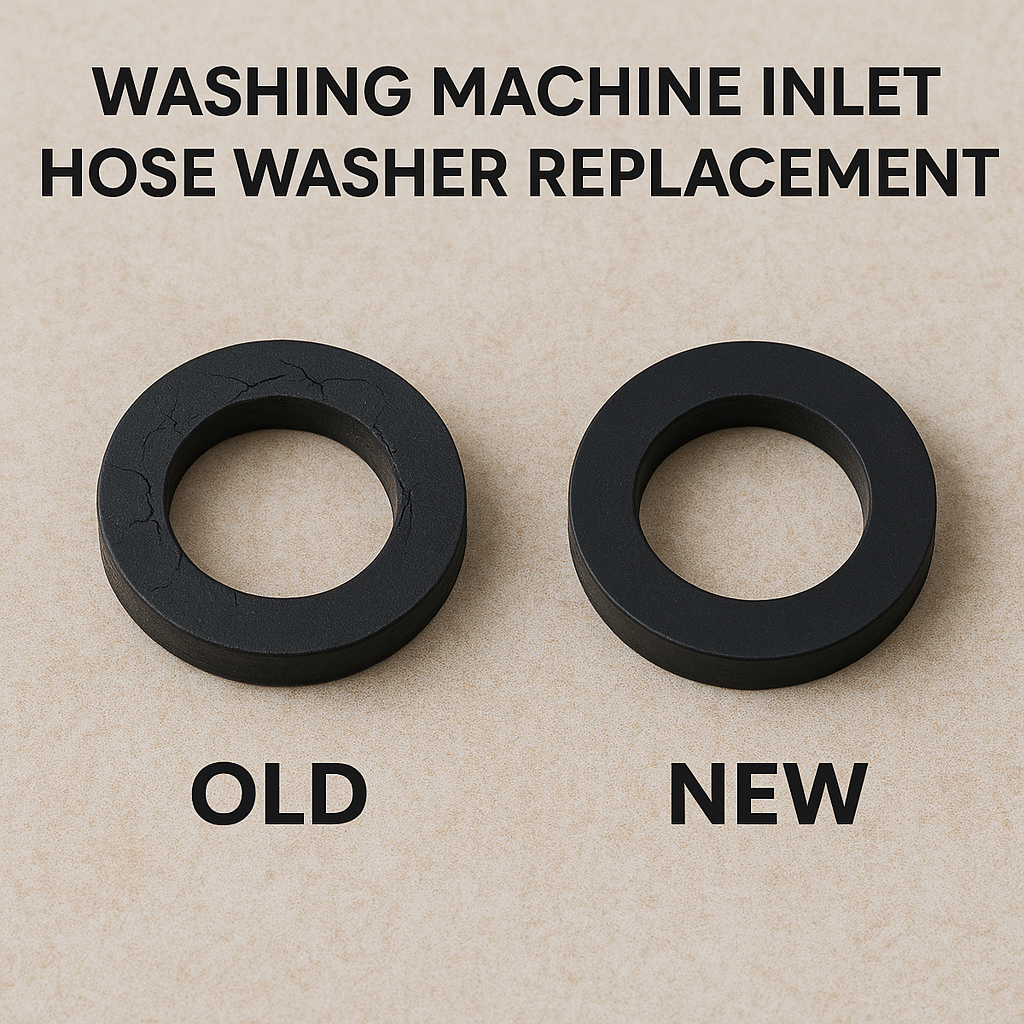 Comparison of old cracked rubber washer versus new replacement washer for washing machine inlet hose connection